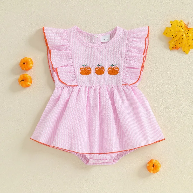 

Halloween Baby Girl Romper Dress Striped Pumpkin Embroidered Flying Sleeve Bodysuit Cute Infant Clothes