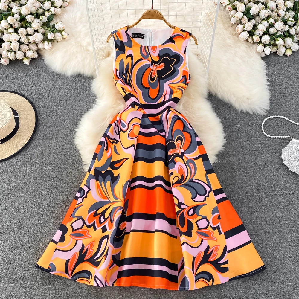 Fashion Summer Women Classic A Line O Neck Sleeveless Midi Party Dinner  Retro Elegant Lady Office Casual Print Beach Dress