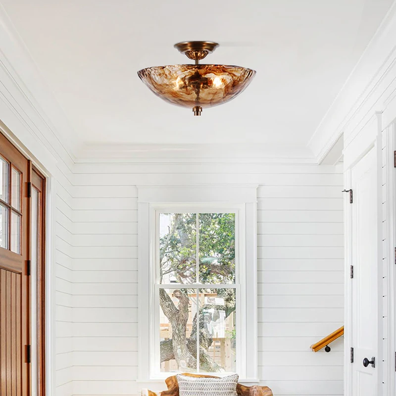 American All Copper LED Ceiling Lights Rotundity Amber Glass Lampshade Moden Living Room Bedroom Kitchen Restaurant Hanging Lamp