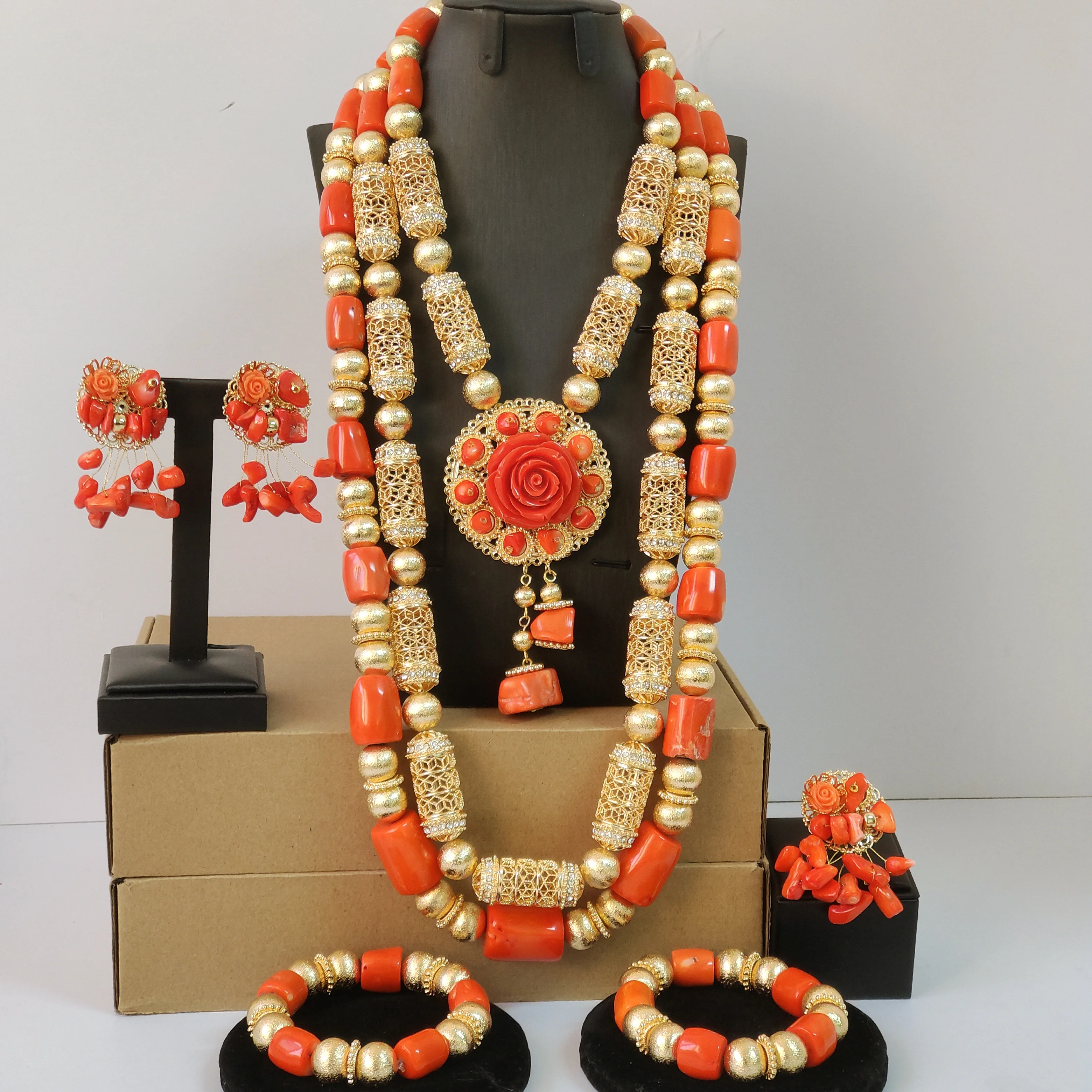 

Нигерийский традиционный свадебный комплект украшений из натурального оранжевого коралла, ожерелья, 2026