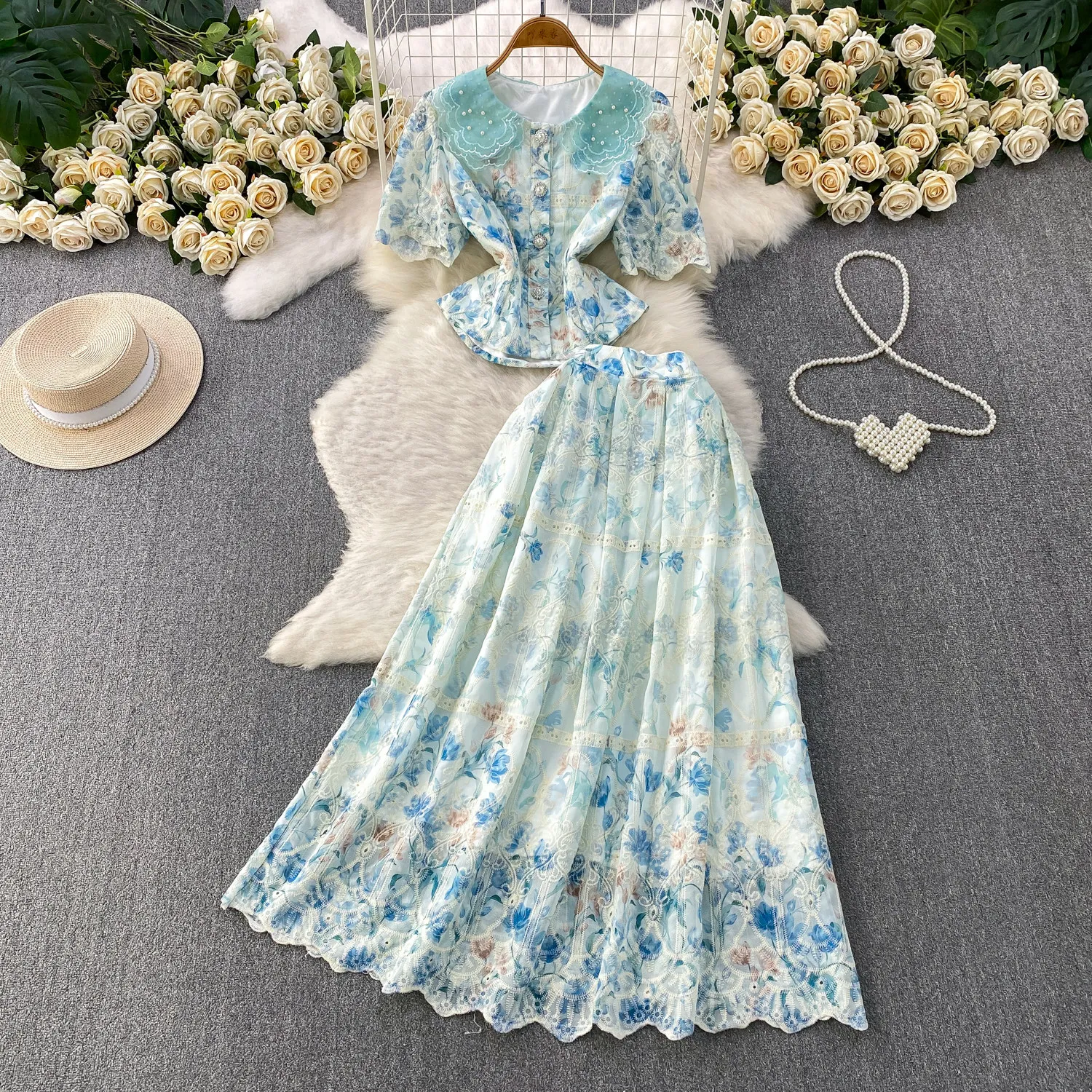 Elegant Beaded Flower Embroidery Lace 2 Piece Set For Women Summer Short Sleeve Pearls Button Crop Top + Midi Skirt Matching Set