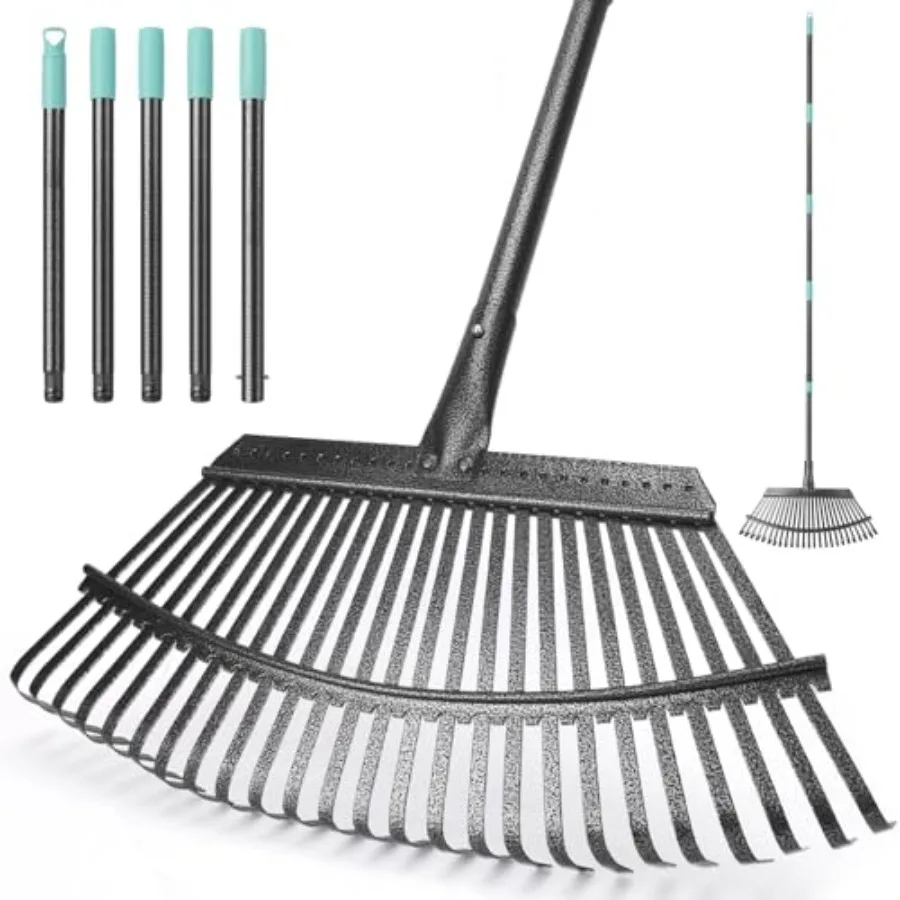 Ancinho de folhas de jardim resistente com 25 dentes de metal, alça ajustável de 18,5 polegadas de largura e 6 pés para quintal eficiente, gramado, arbustos e jardim le