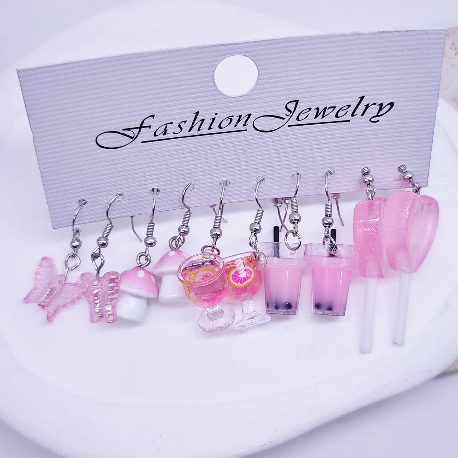 European and American cross-border cartoon fashion resin simulation food, milk tea, mushroom candy earrings, pink set