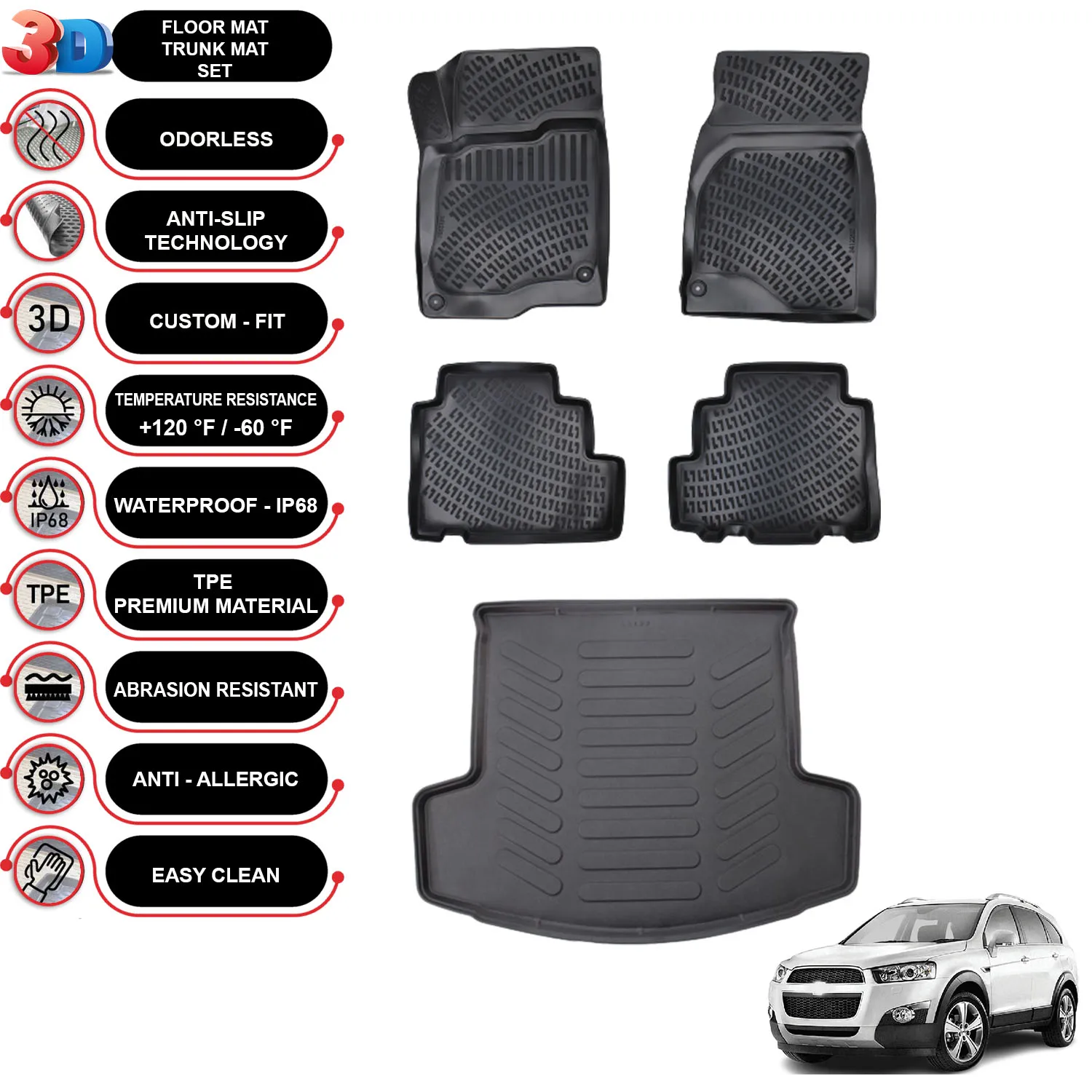 

Chevrolet Captiva - (2006-2018) - Floor Mats + Cargo Trunk Liner - SET - (Black)