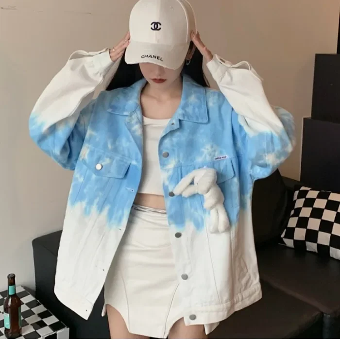 Spring and Autumn Color Rendering Denim Jacket Women's Loose Rabbit Pendant Tie-dye Gradual Change Jacket Top Cross-border Trend