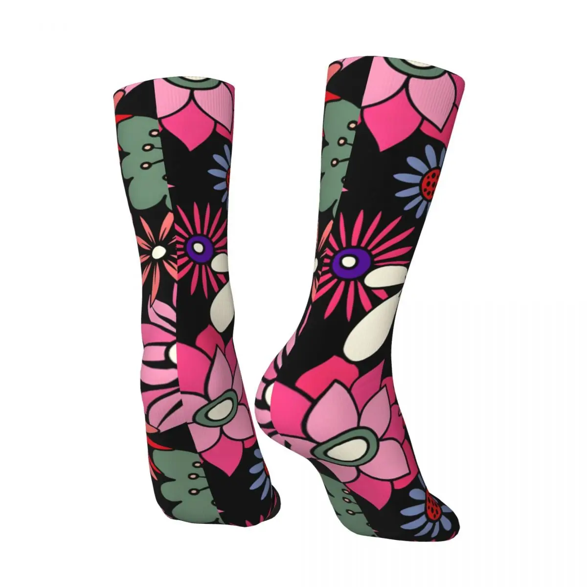 Retro 1960'S Pink, Green Floral Pattern On Black Men's compression Socks Unisex Street Style Pattern Printed Novelty Crew Sock