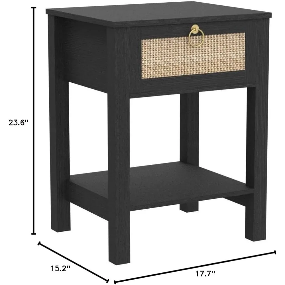 Nightstand Set of 2 - Rattan Decor Drawer with Brass Knobs Night Stand Wood Bedside Table Boho End Tables Side Tables wi