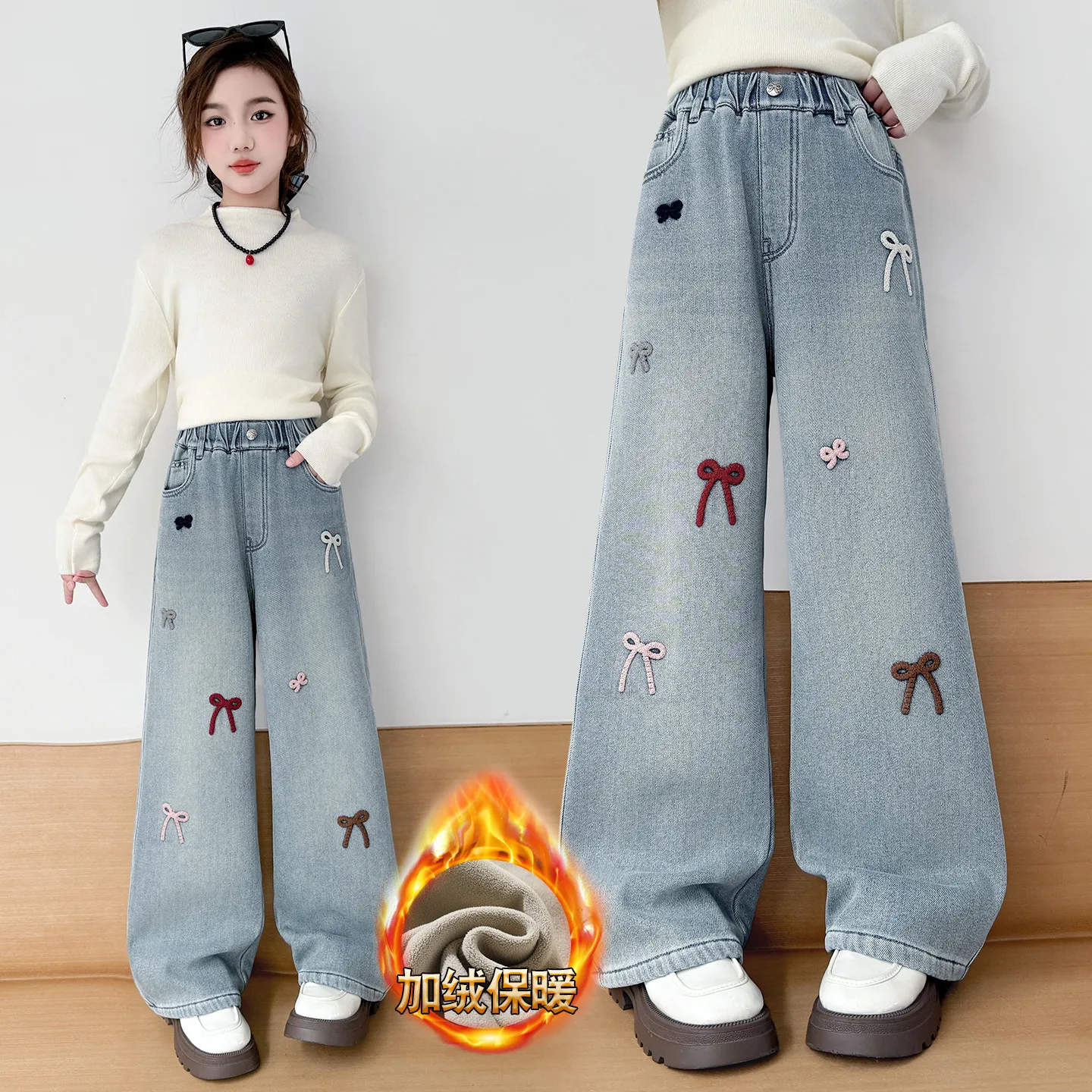 

New Fashion Kids Bow Embroidery Straight Casual Jeans Teens Girl Gothic Wide Leg Y2K Insulted Denim Child Street Jeans Trousers
