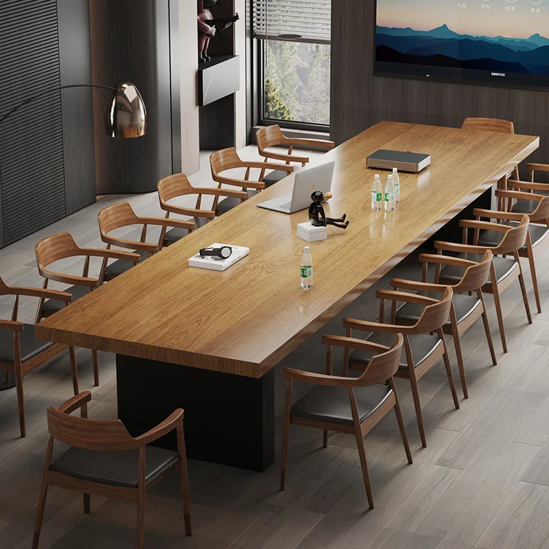 

Solid Wood Conference Table Simple Large Meeting Table Natural Plank Office Desk and Chair Set Negotiation Table