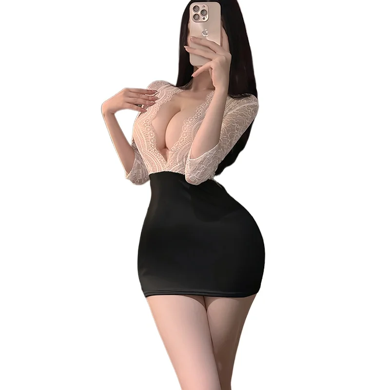 Disfraces de Cosplay para Mujer, Lencería Sexy, Atuendo de Azafata, Vestido de Encaje Transparente, Uniforme de Secretaria, Baby Doll