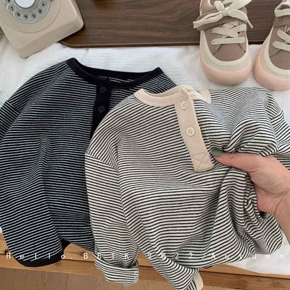 Children's Spring Autumn Long-sleeved T-shirt Boys Girls Korean Striped T Children's Cotton Bottoming Shirt Baby Simple Top