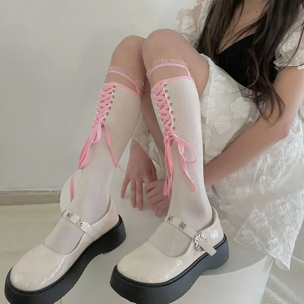 Sweet Cool Girls Middle Tube Socks Breathable Thin Summer Hollow Cross-Tie Cosplay Stocking Ribbon Bow Lace Dark Luoli Tight