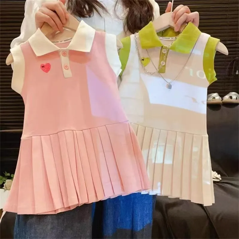 Ärmelloses Polokleid für Mädchen – modisches Prinzessinnenkleid mit Herzmuster, Sommerkleid mit kurzen Ärmeln für Mädchen