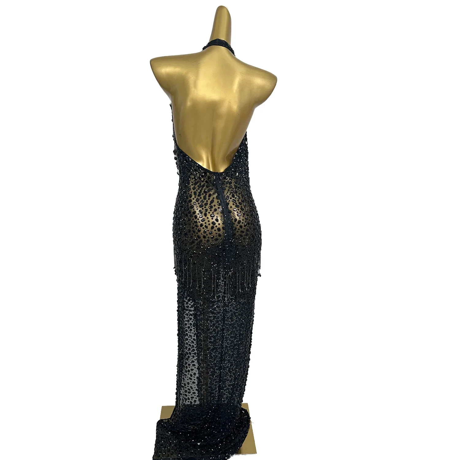 Luksusowa Sukienka Maxi z Frędzlami i Diamentami na Urodziny, Imprezę, Bal, Studniówkę, Damska Sukienka Wieczorowa do Klubu, Bez Pleców, Długa do Podłogi, Bankietowa