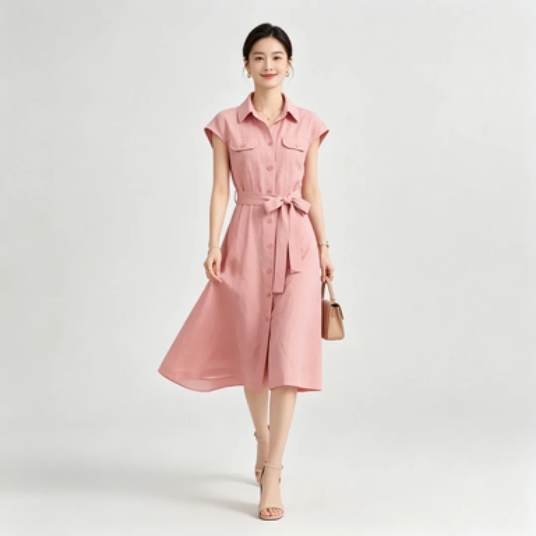 Women Casual Sleeveless Belted Midi Shirt Dress