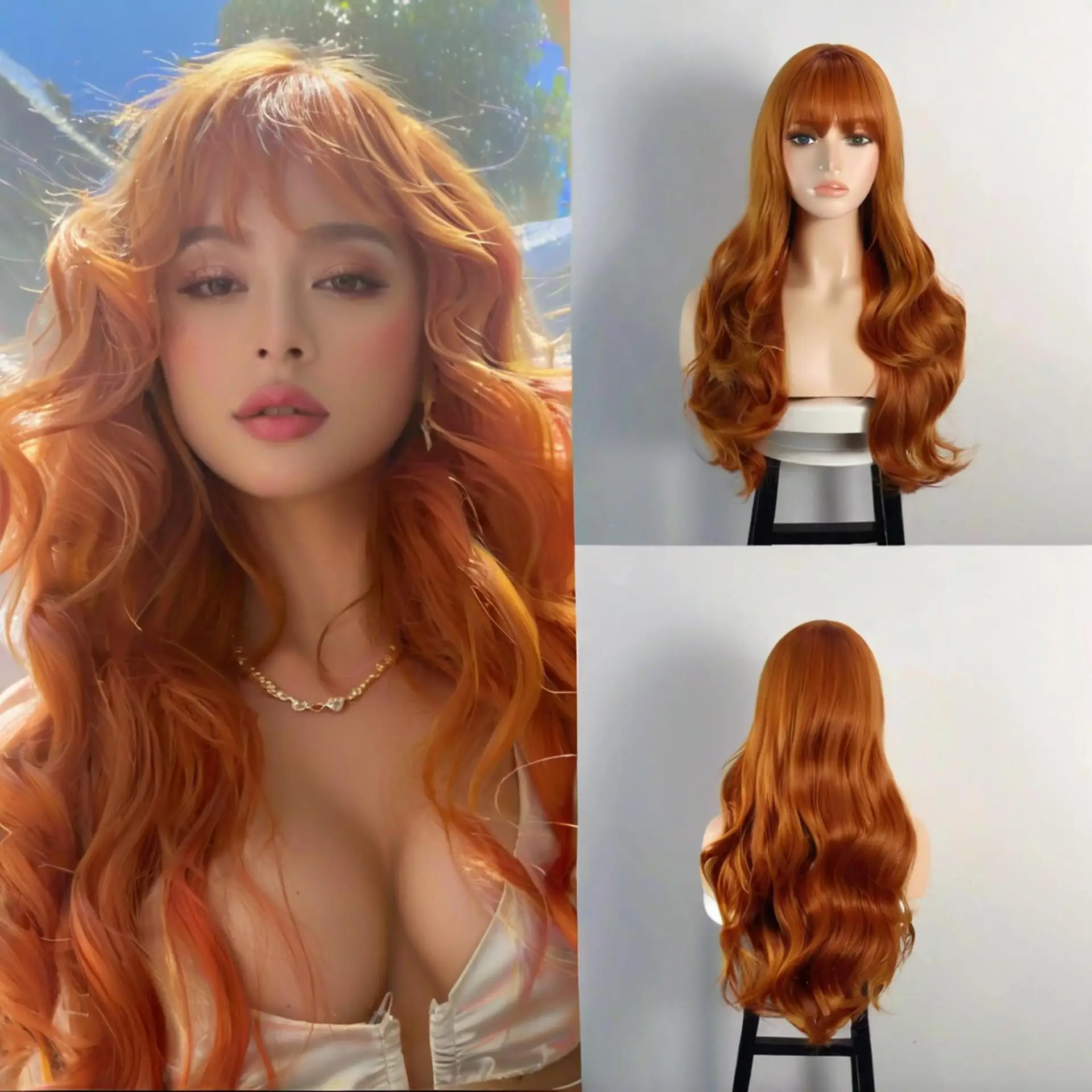 Orange hair with fringe and long waves, synthetic wig, hot hair wig set, Halloween party cosplay costume, everyday wig