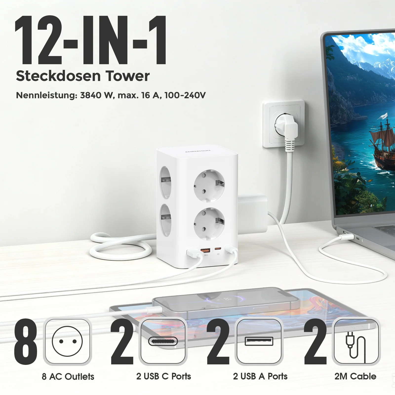 ANRMESUN 12-in-1 Power Strip Tower 8 AC Outlets + 2 USB-C + 2 USB-A 20W Fast Charging Surge Protector 2M Cord EU Plug Protection