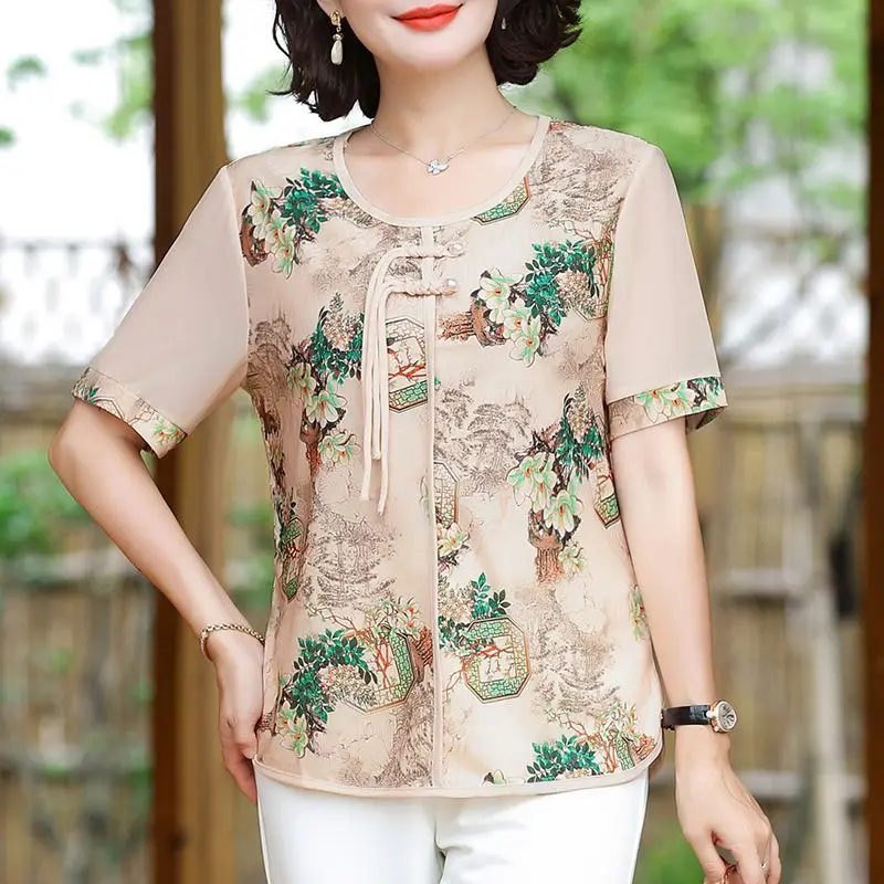 New Summer Short Sleeve T-Shirt Stylish New Chinese Style Versatile Tops for Middle Aged and Elderly Women