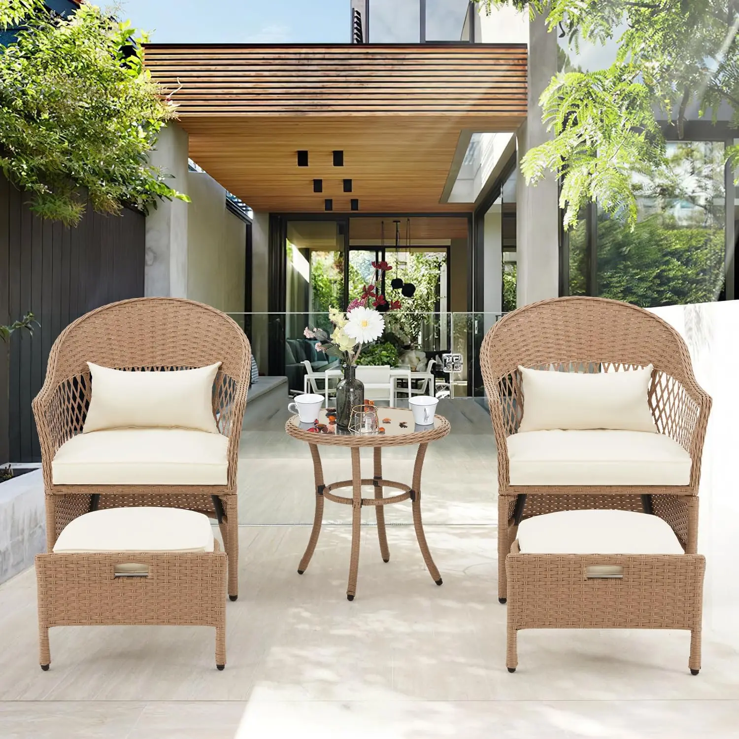 Tuinmeubelset, Rotan Conversatiesets Met Gehard Glazen Salontafel En Zachte Kussens, Terrasstoelen Met Voetenbankjes