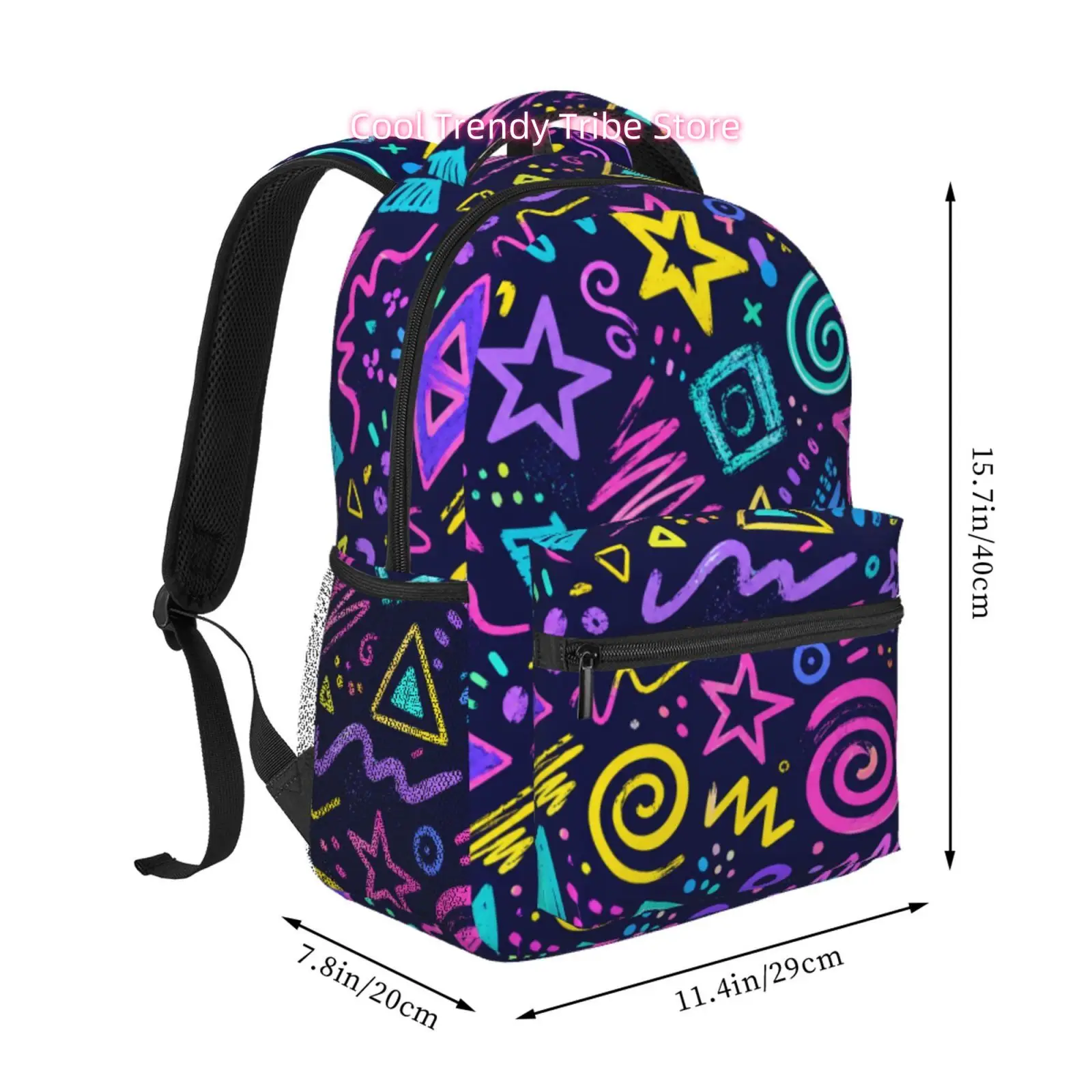 Neon Doodle Star Print Adult Backpack, Oxford Cloth Adjustable Strap Casual Bag for Adults, for Travel, Daily Commute, Casual Ou