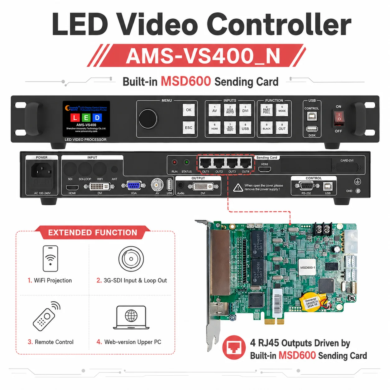 Amoonsky VS400 LED Video Processor 5-Channel Input 4xRJ45 Output with Built-in Novastar MSD600-1 Sending Card for LED Display