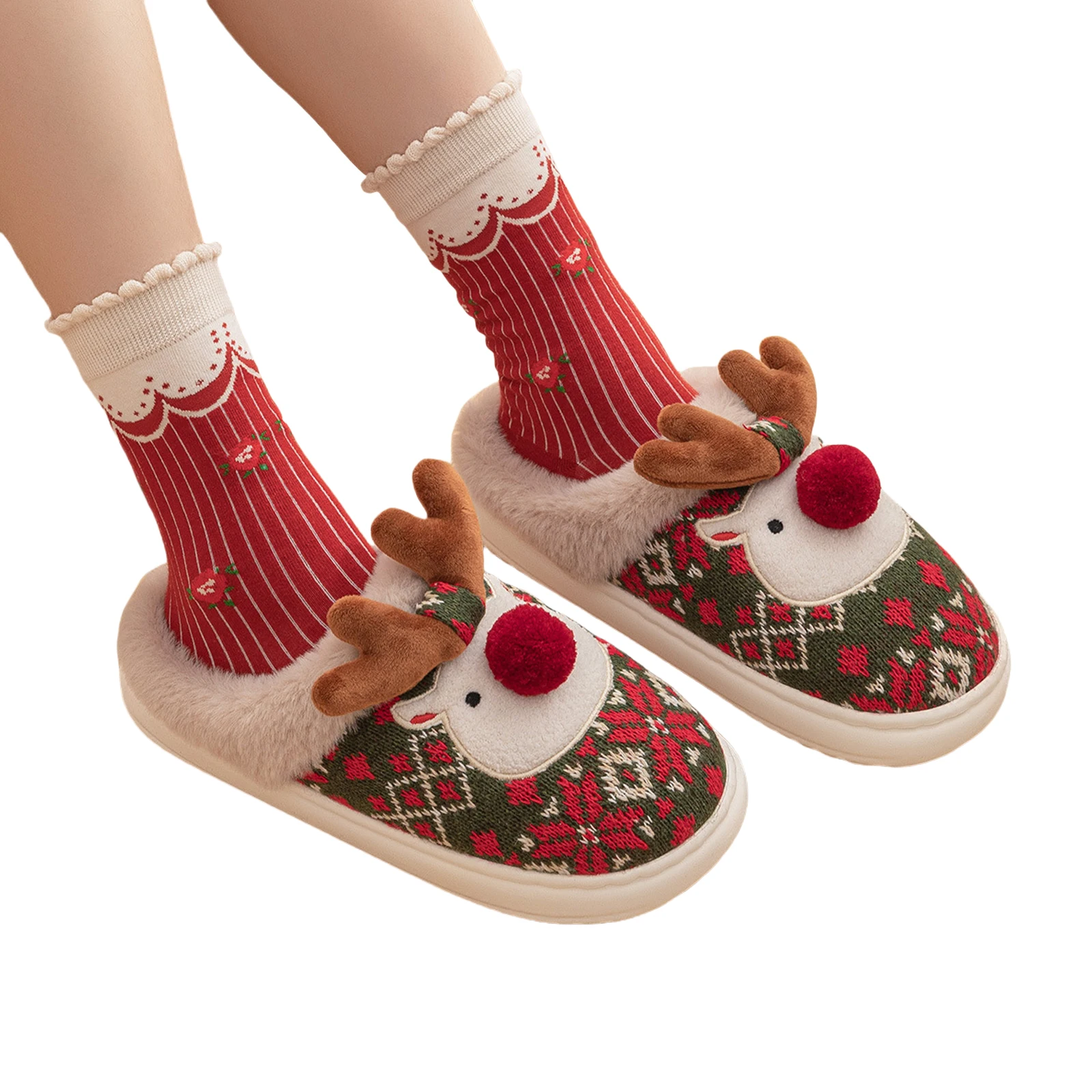 

Рождественский подарок, термотапочки на плоской подошве с изображением лося, Нескользящие удобные меховые тапочки, утепленная теплая домашняя обувь без шнуровки на зиму и осень