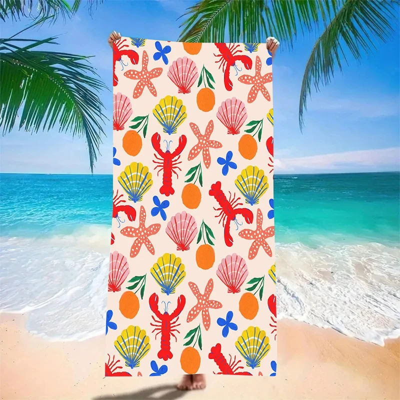 Seafood Medley Beach Towel Colorful Lobster Starfish Shells And Oranges Pattern Fun Nautical Theme Soft Microfiber Towel