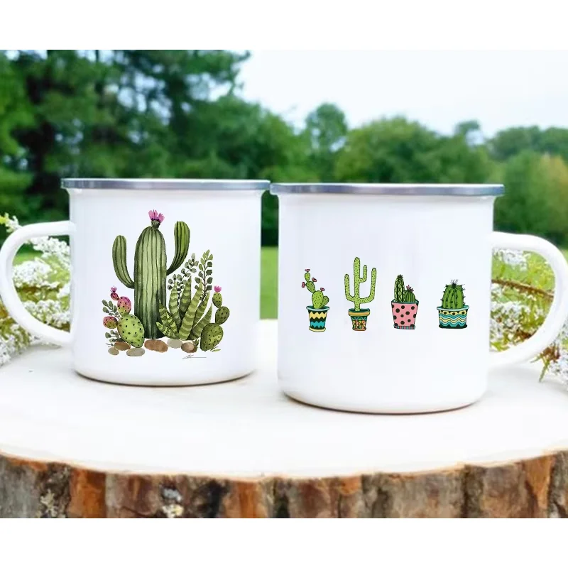 Tropical Plants Cactus Print Enamel Creative Coffee Tea Water Milk Cups Summer Camping Mugs Handle Drinkware Vacation Mug Gifts