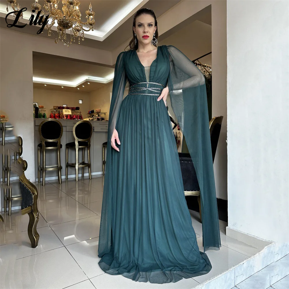

Lily Teal Evening Gown V Neck Prom Dresses Rhinestone Waist robes de soirée with Sheer Cape Sleeves Evening Dress Customized