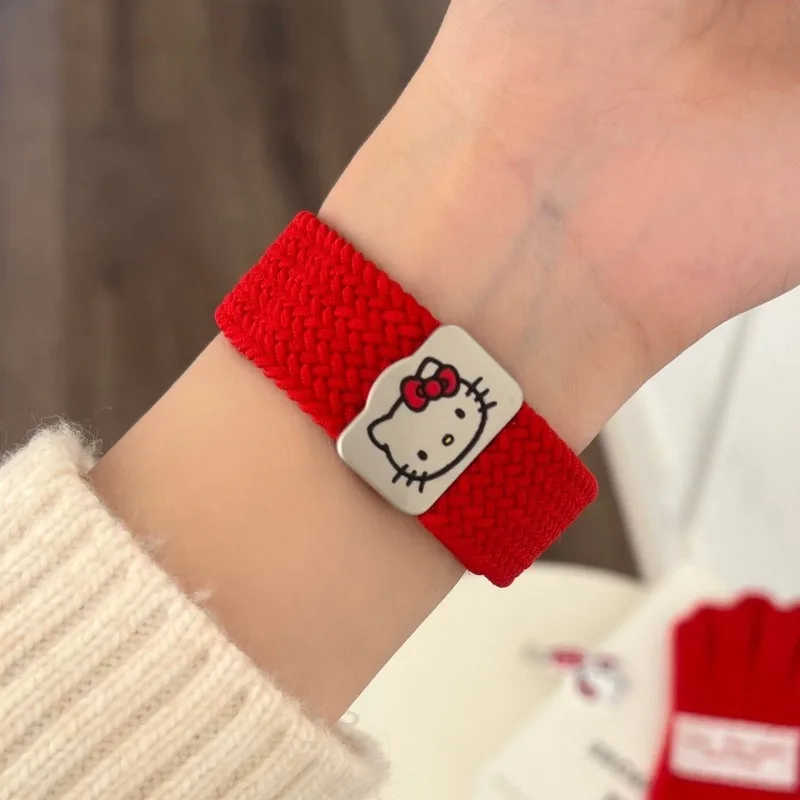 산리오 헬로 키티 애플 워치 밴드용 마그네틱 스트랩, 아이워치 시리즈 울트라 9 용 나일론 직조 스포츠 팔찌, 45mm, 38mm, 49mm, 40mm