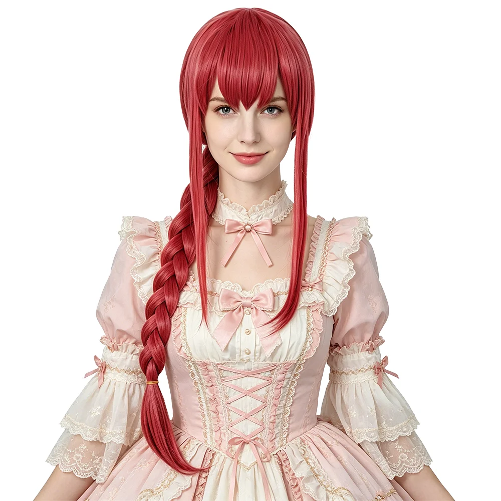 Dark Pink Long Braid Wig with Bangs Heat Resistant Synthetic Natural Anime Cosplay Wig For Women Halloween Party Daily Wear
