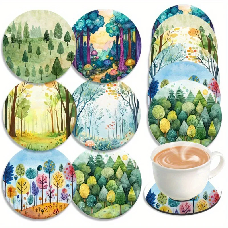 2D Forest Landscape Art Wooden Coasters Lightweight Heat Resistant Non-Slip for Bar Cafe Office Home Decor Housewarming Gift