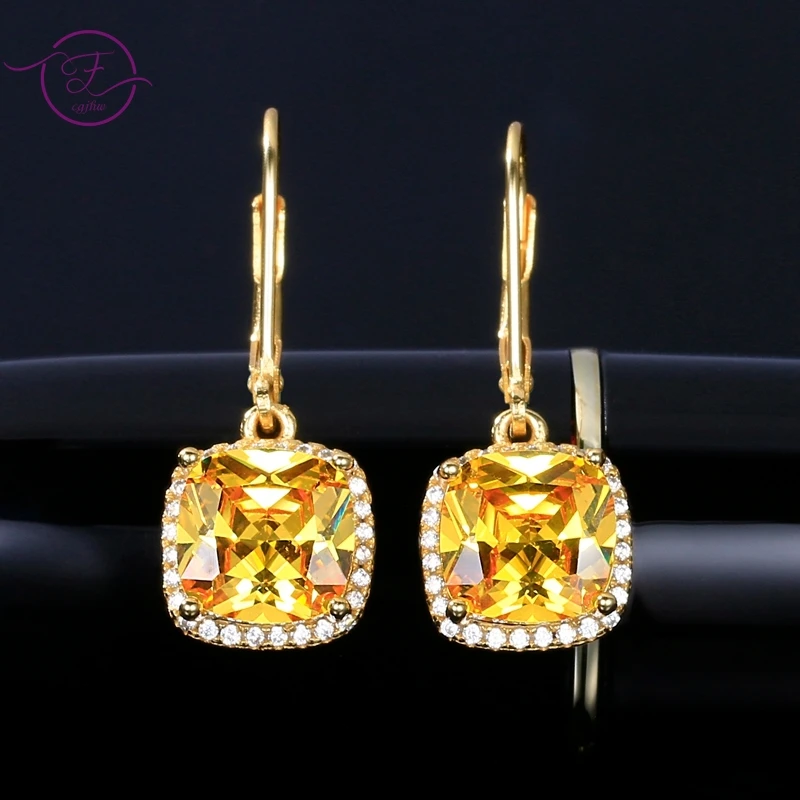 

Luxury AAAAA Yellow Zircon Gold Earrings Pendant Women's Silver Earrings Bride Jewellery Noble Jewelry Party Gift