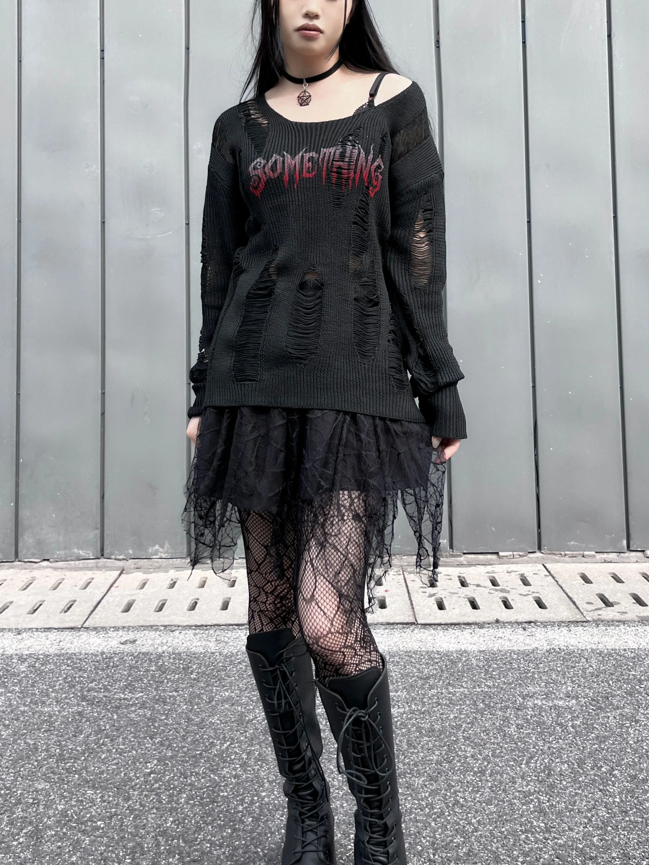 Ruibbit Harajuku Gothic Hole Embroidery Long Sleeve Women Punk Style O-Neck Loose Vintage Off Black Knitted Pullovers y2k