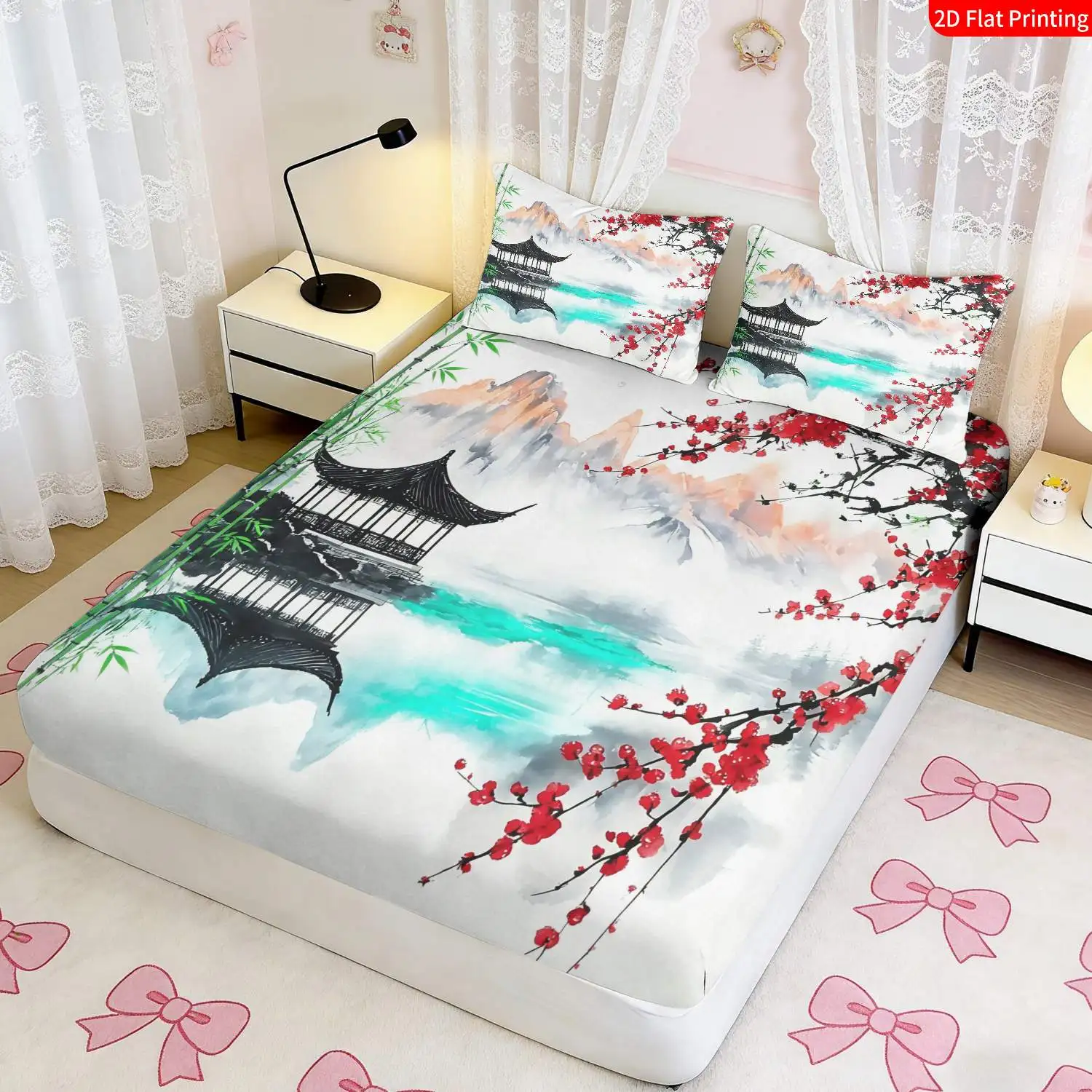 3-Piece Mattress Protector Set, 2D Flat Printed Fitted Sheet, Chinese Zen Style, Traditional Landscape-Themed Bedding, Home Bedroom Decoration, Holiday-Themed Fitted Sheet and Pillowcase, Mattress Protector, Stain-Resistant, Mattress Cover, Suitable for All Seasons, Machine Washable, Easy to Care For, Suitable for Home Bedroom Use, Essential for Dormitories and Rentals, Master Bedroom and Guest Room Decoration, Dust-Proof and Stain-Resistant, High Elasticity, Fits Various Sizes