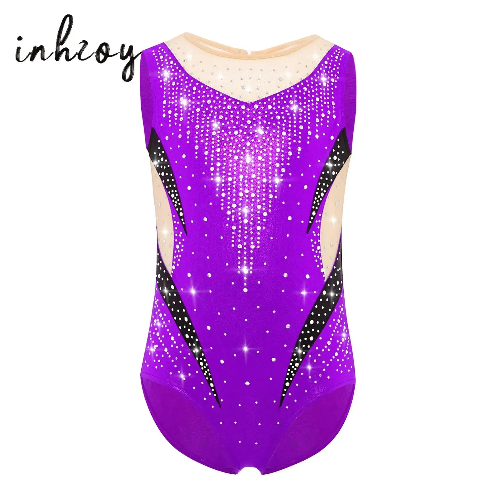 

Kids Girls Gymnastics Ballet Latin Dance Leotard Sleeveless Keyhole Back Sheer Mesh Rhinestones Bodysuit for Figure Skating Show