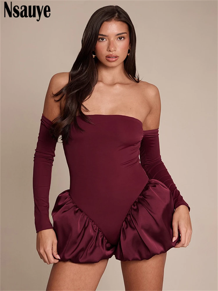 

Nsauye Women Elegant Sexy Party Night Club High Waisted Skinny Satin Rompers Tops 2025 Fashion Long Sleeve One Pieces Jumpsuit