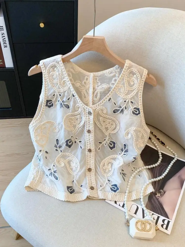

Винтажный женский синий, бежевый однобортный короткий жилет с вышивкой, летний топ без рукавов с v-образным вырезом, элегантный топ на бретелях, модная уличная одежда