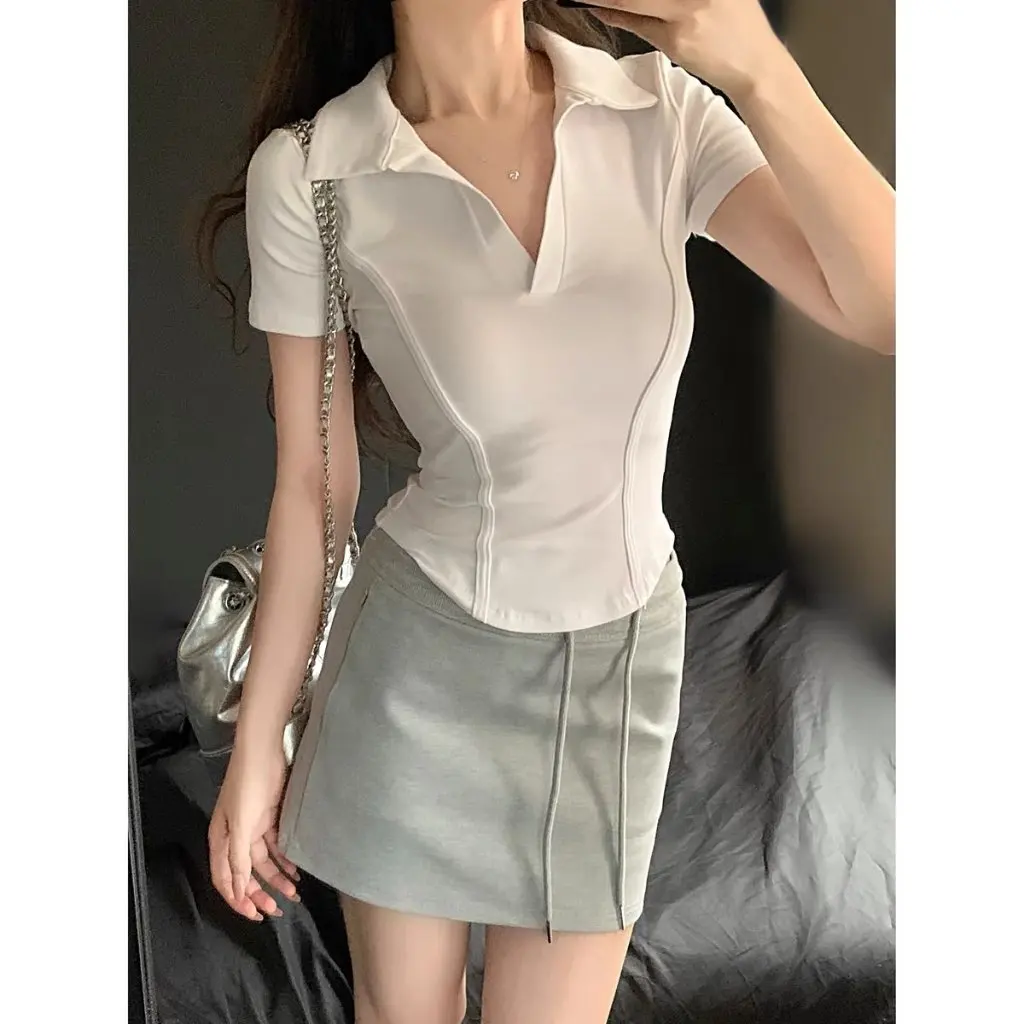 

Slim Fit V-Neck T-Shirt for Women Short Sleeve Polo Collar Curved Hem Design Fishbone Line Summer Sexy Top