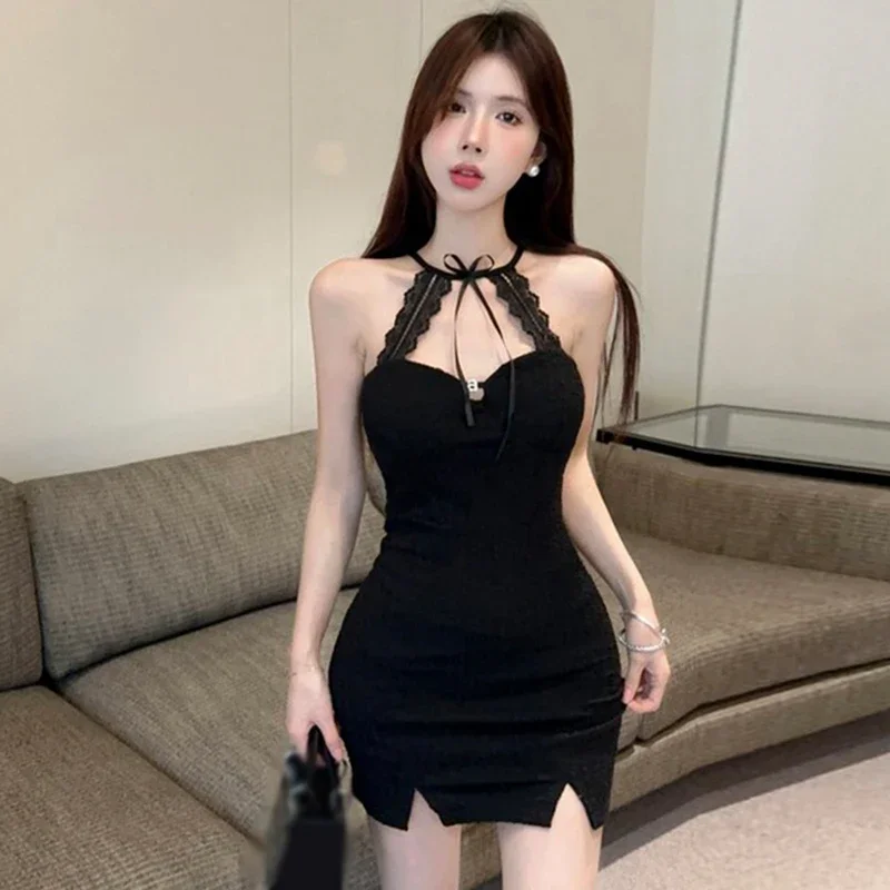 Mini abito da donna sexy con scollo all'americana in pizzo con spacco aderente Abito da skater nero per donna Y2K Night Out Party Clothes