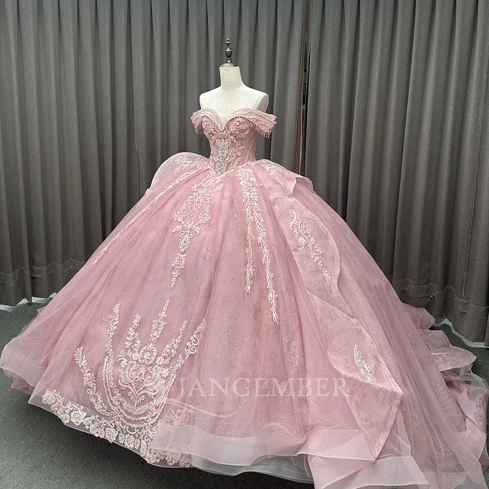 Robe De bal personnalisée rose Quinceanera robes dentelle gland épaules dénudées à lacets dos perlé doux 16 anniversaire robes De 15 ans