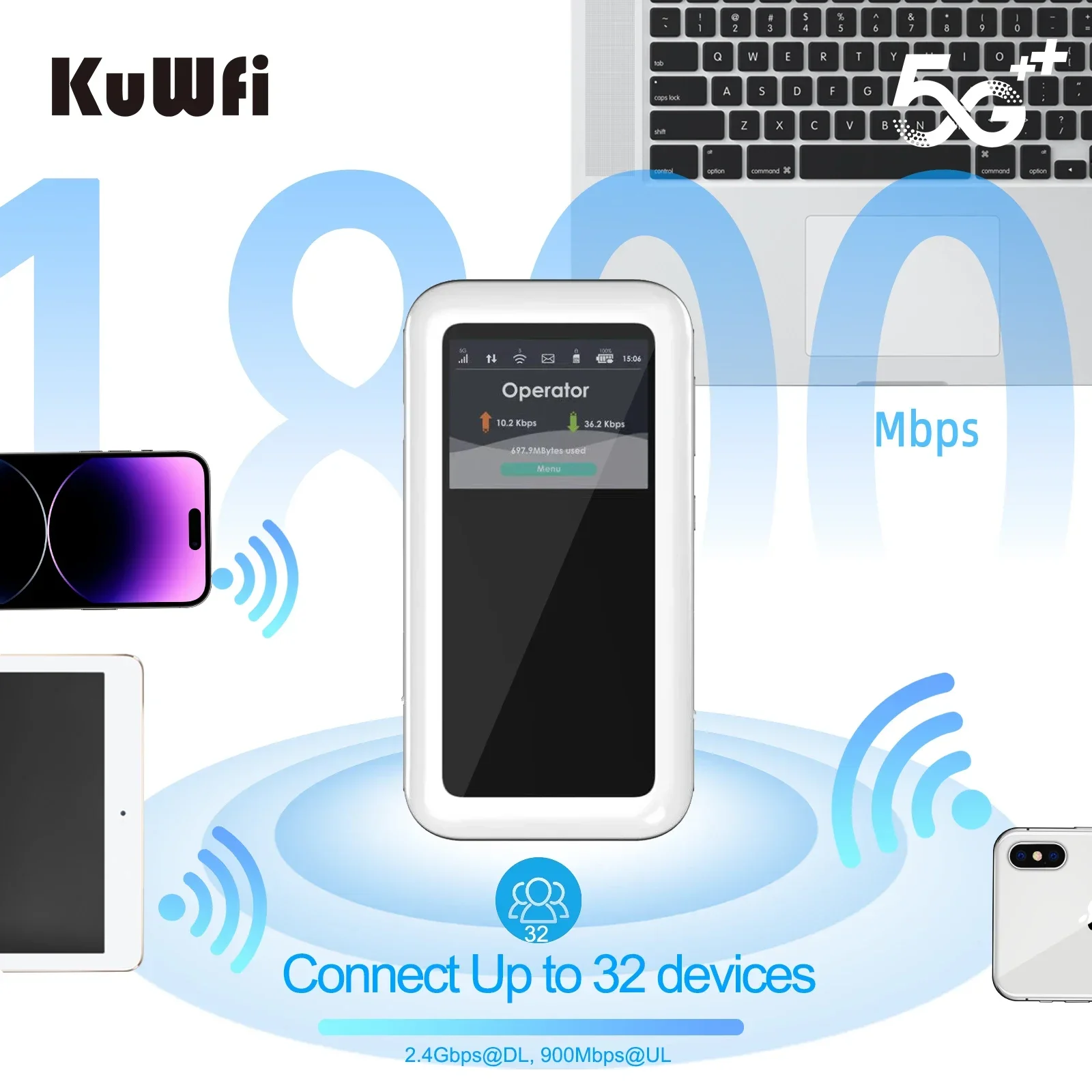 KuWFi M46-e AX1800 5G E-Sim راوتر محمول بسرعة 1800 ميجابت في الثانية عالي الأداء بطارية متنقلة 4500 Mah 5G راوتر واي فاي صغير