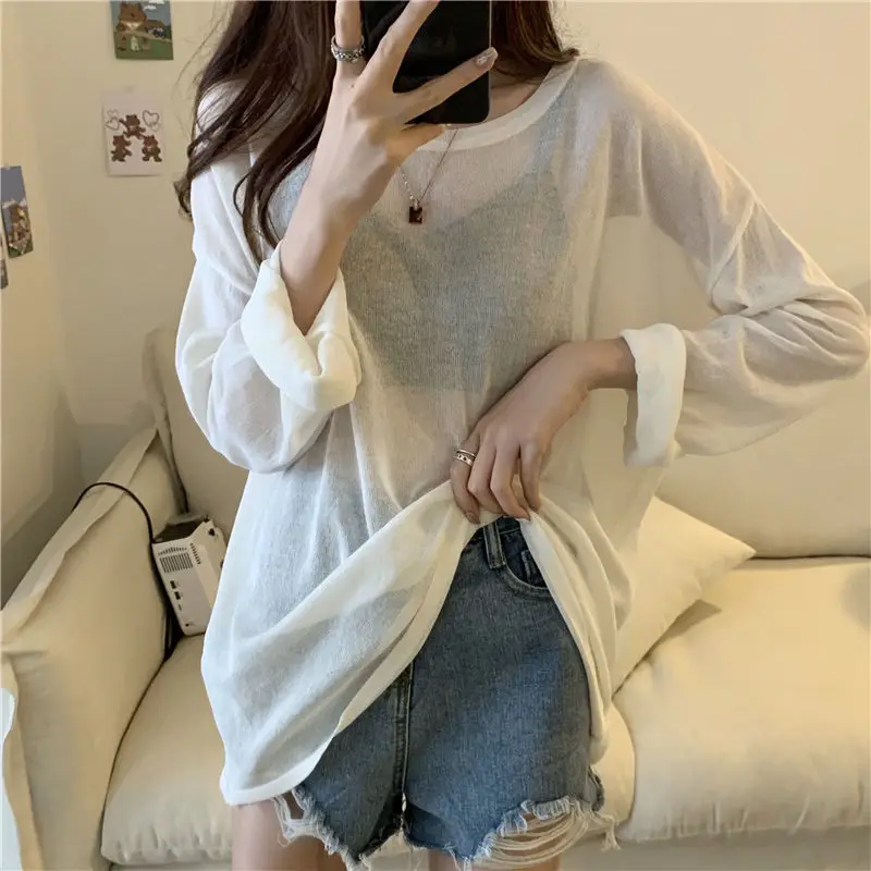 T-shirts Woman Solid Sunscreen All-match Korean Style Streetwear Candy Color Harajuku Thin Summer Clothing Ladies Casual Simple