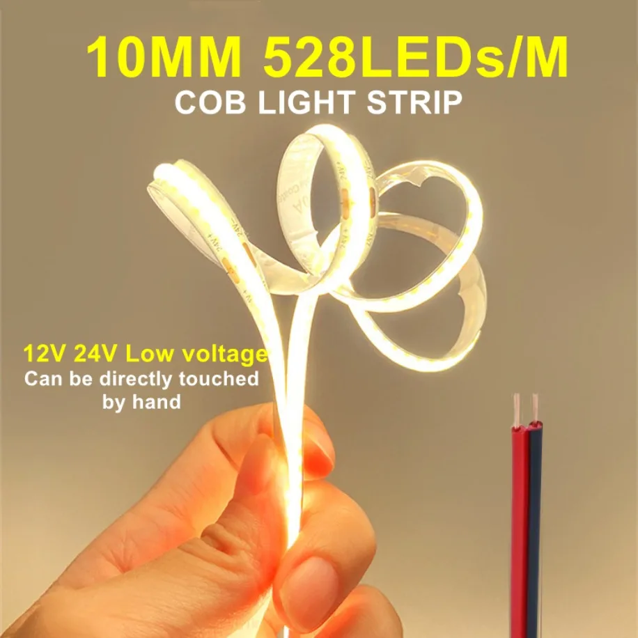5~1m High Density COB LED Strip 12V/24V 528LEDs/M Flexible LED Tape Light Bar 10MM PCB Linear Light for Home Bedroom Decoration