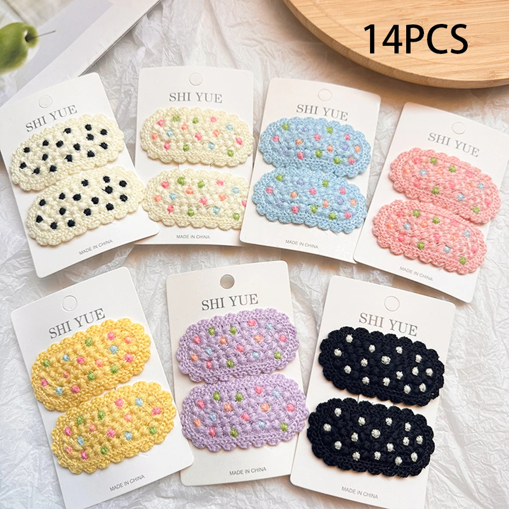 2/14 個かぎ針編みヘアクリップセット女の子女性水玉模様ニットかわいいヘアアクセサリー日常着パーティーヴィンテージスタイル