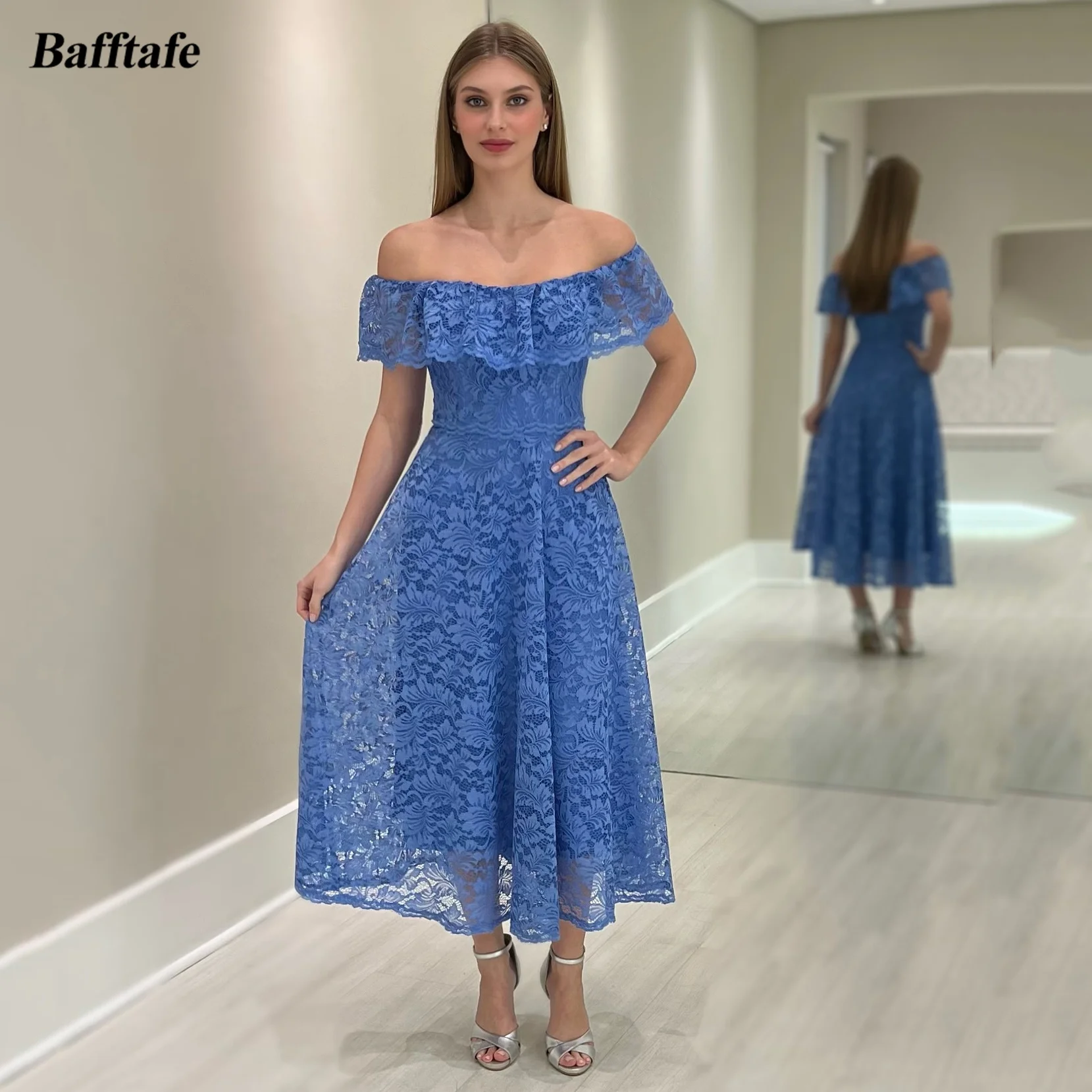 Bafftafe blauw kant midi galajurken op maat uit de schouder enkellange formele feestjurken afstuderen meisje dansjurk