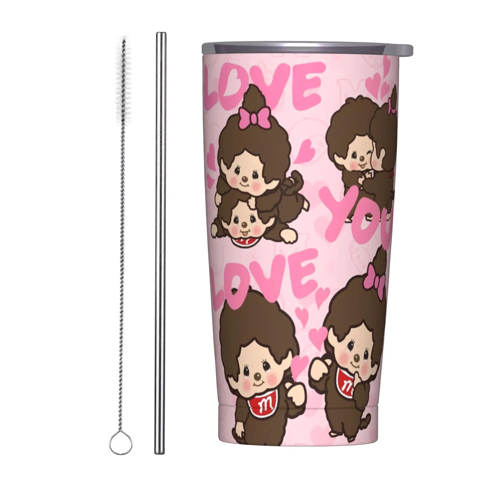 Cute Monchichis Chimutan Stainless Steel Tumbler  Camping Coffee Mug With Straws and Lid 20oz Car Mugs Cold Drink Water Bottle
