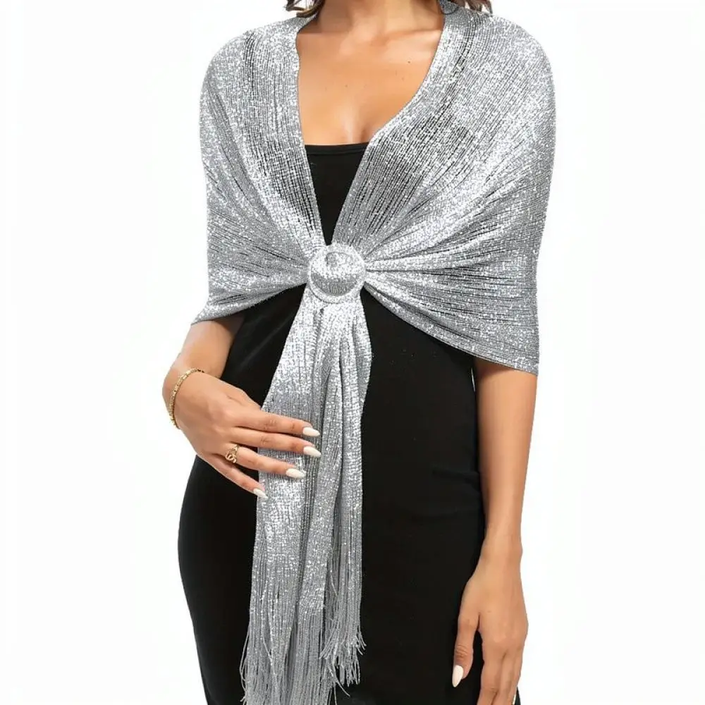Women Metallic Fringe Scarf Shimmer Shawl Beach Cover Up Lightweight Glitter Wrap For Wedding Evening Party Dress Accessory