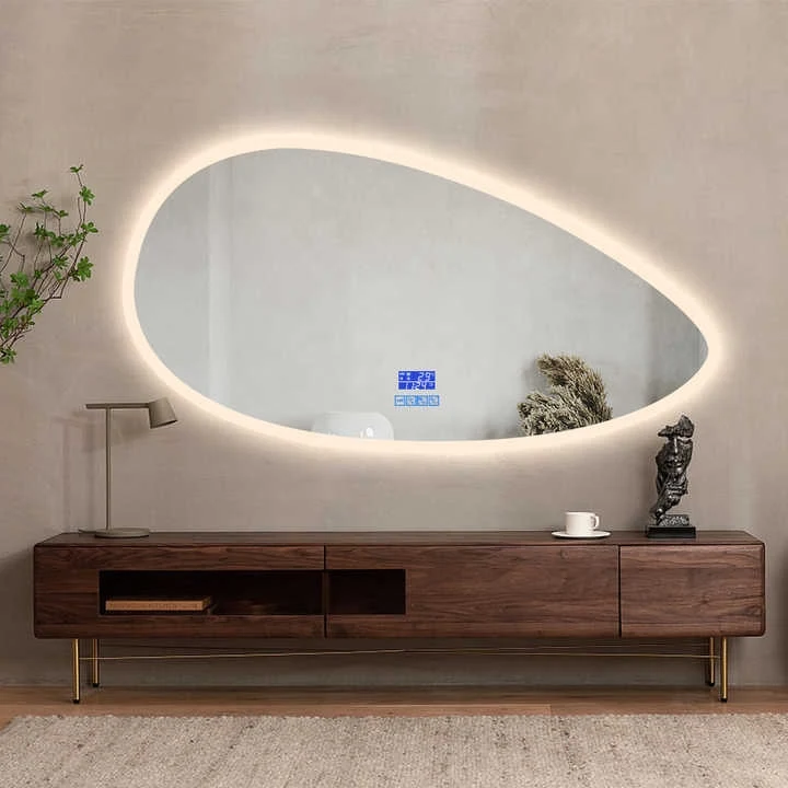 

High End Modern Custom Irregular Anti Fog Wall Mounted Intelligent Beauty Shower Bathroom Wall Mirror With Lights