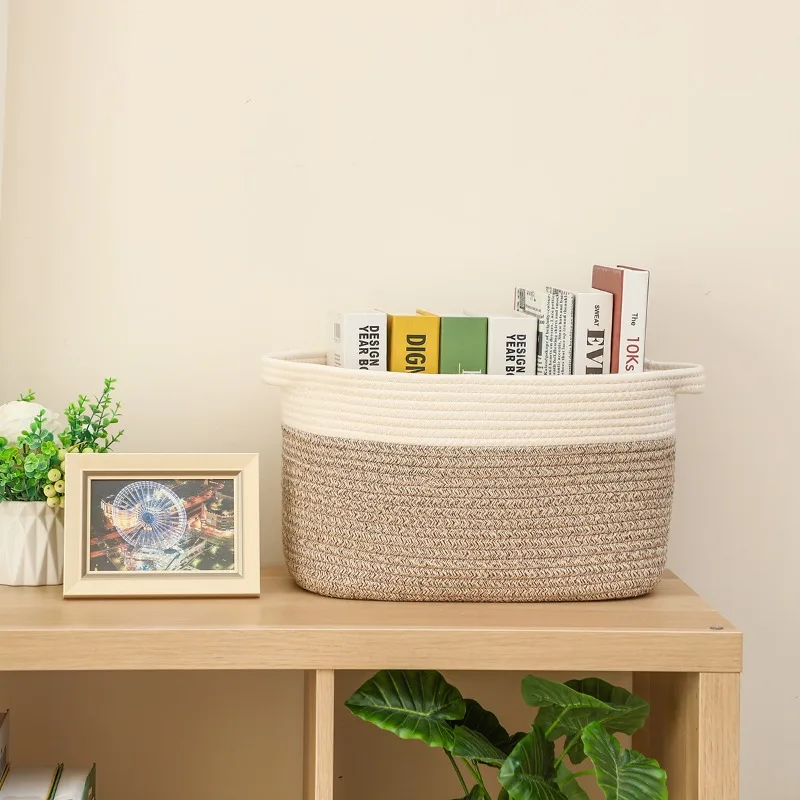 

Rectangular cotton rope storage basket, used for storage, for the living room toys desk book organizing storage, with a handle